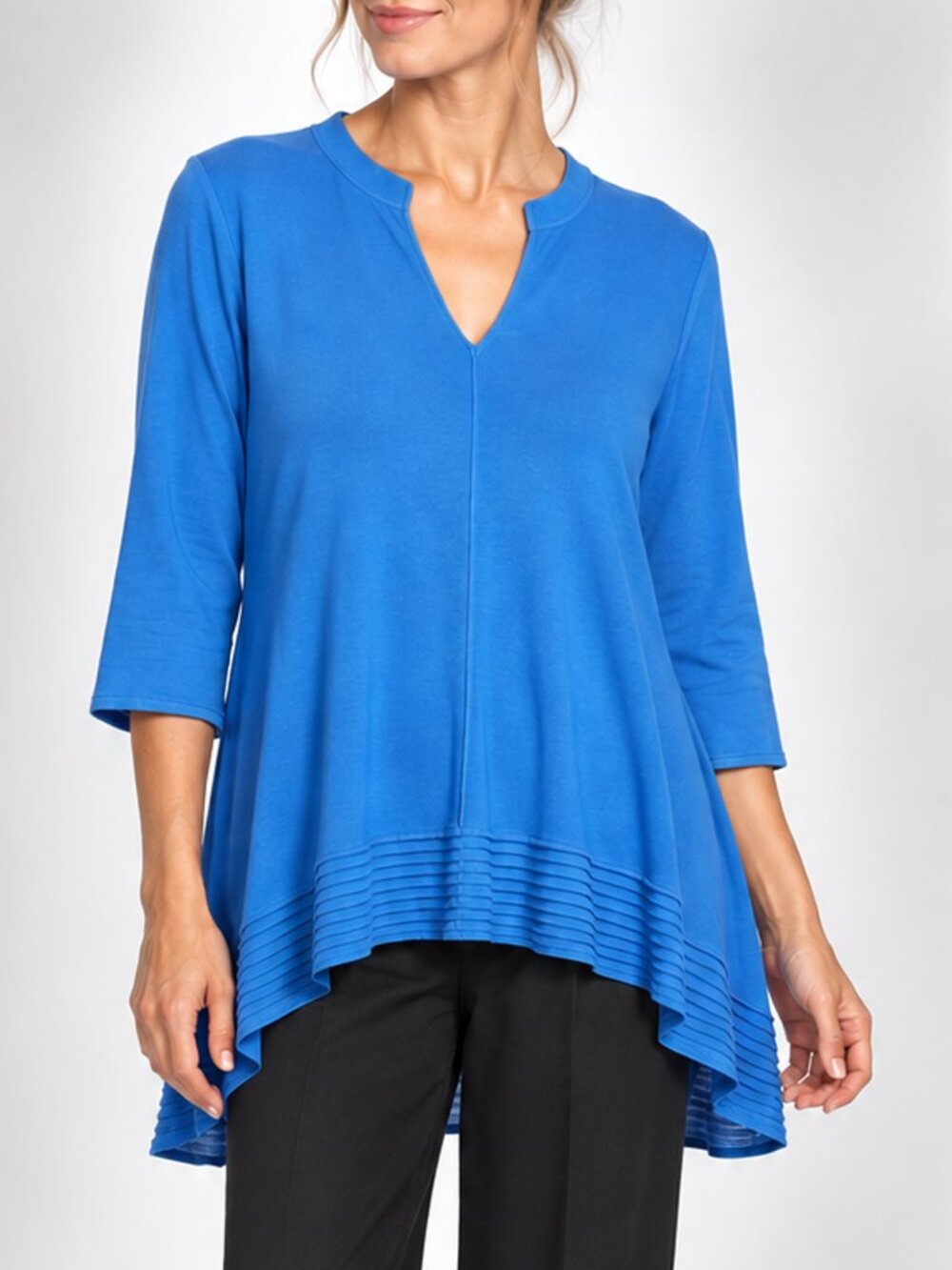 Ming Wang Womens S Blue Tunic Top 3/4 Sleeve Asymmetrical Hem Pleated Knit
